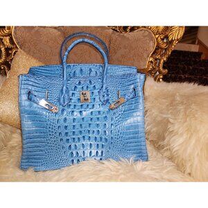 Luxury Sapphire blue elegant crocodile alligator exotic Birkin silver hardware